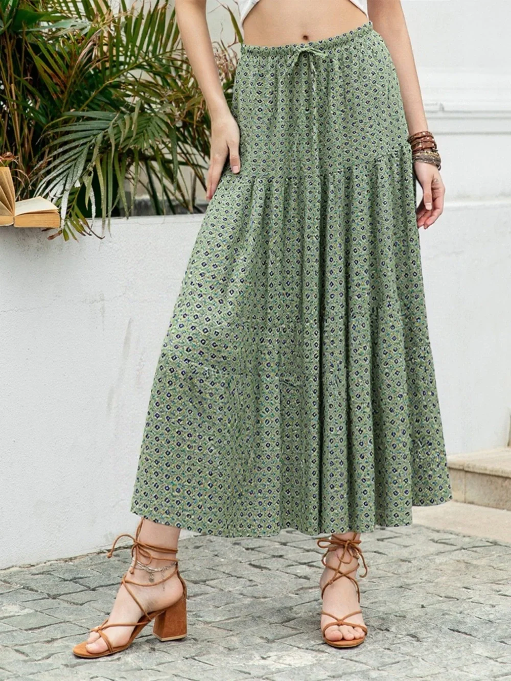 ❤️Hello Gorgeous! Boho Print Tiered Maxi Skirt- Matcha Green